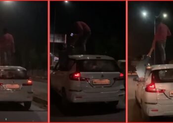 ಕಾರಿನ ಛಾವಣಿಯ ಮೇಲೆ ಯುವಕ ಸ್ಟಂಟ್!