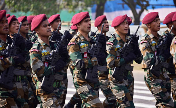 Calcutta, India - January 24, 2016: Indian army practice their parade during republic day. The ceremony is done by Indian army every year to salute national flag in 26th January.