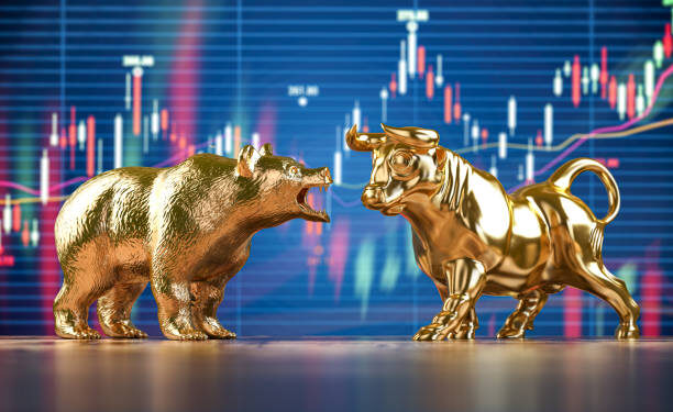 Golden bull and bear on stock data chart background. Investing, stock exchange financial bearish and mullish market concept. 3d illustration