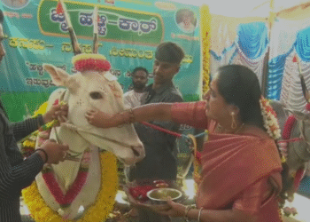 ಹಳ್ಳಿಕಾರ್ ತಳಿಯ ಹಸುವಿಗೆ ಸೀಮಂತ ಶಾಸ್ತ್ರ ಮಾಡಿದ ರೈತ ಕುಟುಂಬ