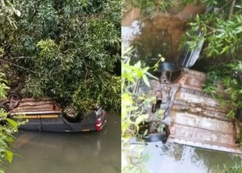 ಚಾಲಕನ ನಿಯಂತ್ರಣ ತಪ್ಪಿ ನದಿಗೆ ಬಿದ್ದ ಕಾರು: ನಾಲ್ವರು ಪಾರು