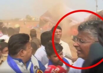 ಸುಂಟರಗಾಳಿಗೆ ಕುಸಿದು ಬಿದ್ದ ಬೃಹತ್ ಪೆಂಡಾಲ್ | ಕೂದಲೆಳೆ ಅಂತರದಲ್ಲಿ ಸಚಿವ ಸತೀಶ್​ ಜಾರಕಿಹೊಳಿ ಪಾರು!