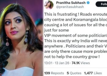 ಟ್ರಾಫಿಕ್‌ನಿಂದ ಬೇಸತ್ತ ಬಹು ಭಾಷಾ ನಟಿ  | ರಾಜಕಾರಣಿಗಳ ವಿರುದ್ಧ ಪೋಸ್ಟ್‌ ಹಾಕಿದ ಪ್ರಣೀತಾ ಸುಭಾಷ್