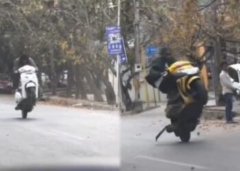 ಶಾಲಾ ಮಕ್ಕಳು ಓಡಾಡುವ ಸ್ಥಳದಲ್ಲೇ ಪುಂಡರ ವೀಲ್ಹಿಂಗ್ ಹುಚ್ಚಾಟ