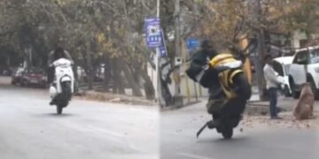 ಶಾಲಾ ಮಕ್ಕಳು ಓಡಾಡುವ ಸ್ಥಳದಲ್ಲೇ ಪುಂಡರ ವೀಲ್ಹಿಂಗ್ ಹುಚ್ಚಾಟ