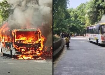 ನಡುರಸ್ತೆಯಲ್ಲೇ ಧಗಧಗನೆ ಹೊತ್ತಿ ಉರಿದ ಖಾಸಗಿ ಬಸ್!