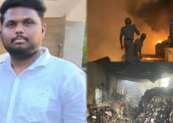 ನಿಯಂತ್ರಣ ತಪ್ಪಿ ಕಾರಿಗೆ ಡಿಕ್ಕಿ ಹೊಡೆದ ಲಾರಿ – ಗೋಡೌನ್ಗೆ ಬೆಂಕಿ, ಕಾರೊಳಗಿದ್ದ ಯುವಕ ಸಾವು