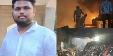 ನಿಯಂತ್ರಣ ತಪ್ಪಿ ಕಾರಿಗೆ ಡಿಕ್ಕಿ ಹೊಡೆದ ಲಾರಿ – ಗೋಡೌನ್‌ಗೆ ಬೆಂಕಿ, ಕಾರೊಳಗಿದ್ದ ಯುವಕ ಸಾವು