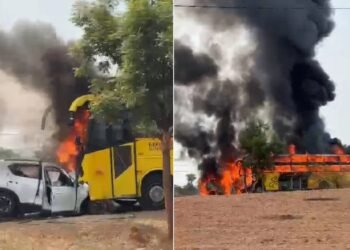 ಯಾದಗಿರಿಯಲ್ಲಿ ಮುಖಾಮುಖಿ ಡಿಕ್ಕಿಯಾಗಿ ಹೊತ್ತಿ ಉರಿದ ಬಸ್ಸು-ಕಾರು.. 7 ಮಂದಿ ಸಜೀವ ದಹನ!