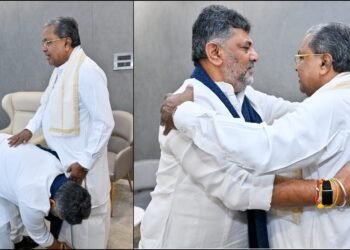 ಬ್ರೇಕ್ಫಾಸ್ಟ್ ಮೀಟಿಂಗ್ ಶುರು ; ಸಿಎಂ ಸಿದ್ದರಾಮಯ್ಯರನ್ನು ತಬ್ಬಿ ಕಾಲಿಗೆ ಬಿದ್ದು ಡಿಕೆಶಿ ಭಾವುಕ!