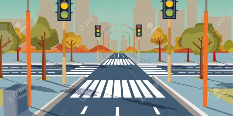 illustration of city crossroad with traffic lights, road markings, sidewalk for pedestrians, without any cars and people. Cityscape, empty street, highway, urban concept in flat style